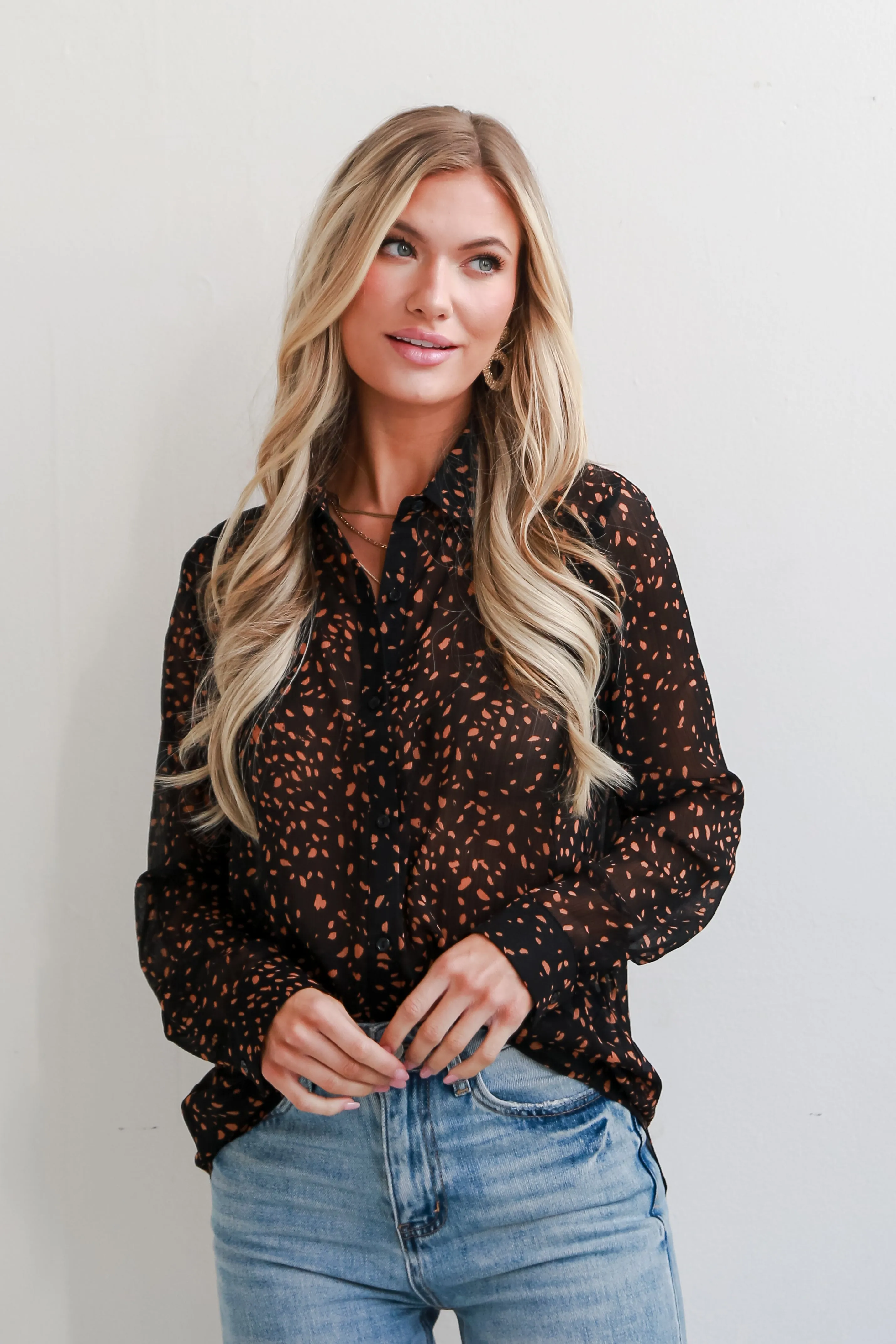 FINAL SALE - Khloe Brown Spotted Button-Up Blouse - DOORBUSTER