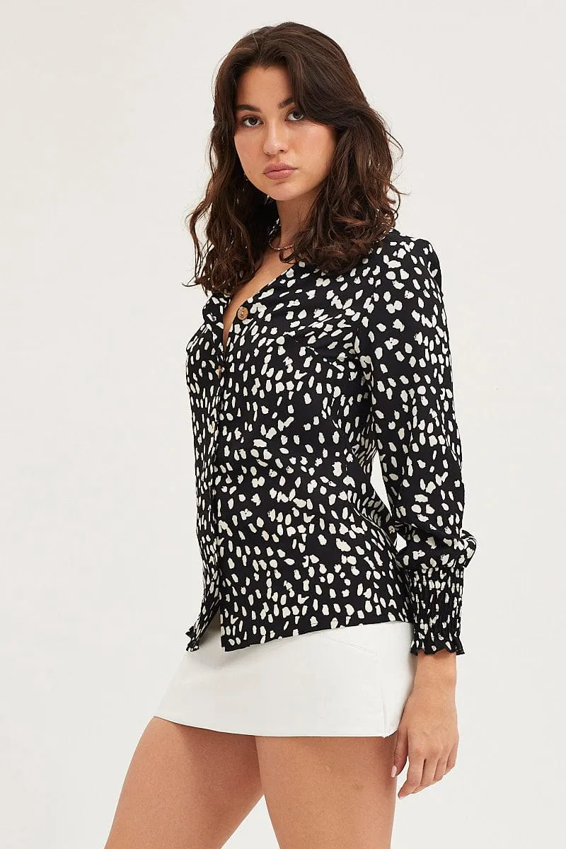 Geo Print Button Front Top Long Sleeve V-Neck