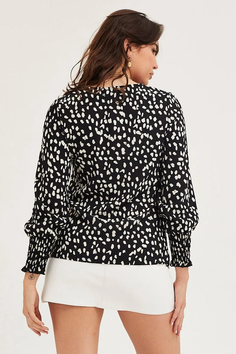 Geo Print Button Front Top Long Sleeve V-Neck