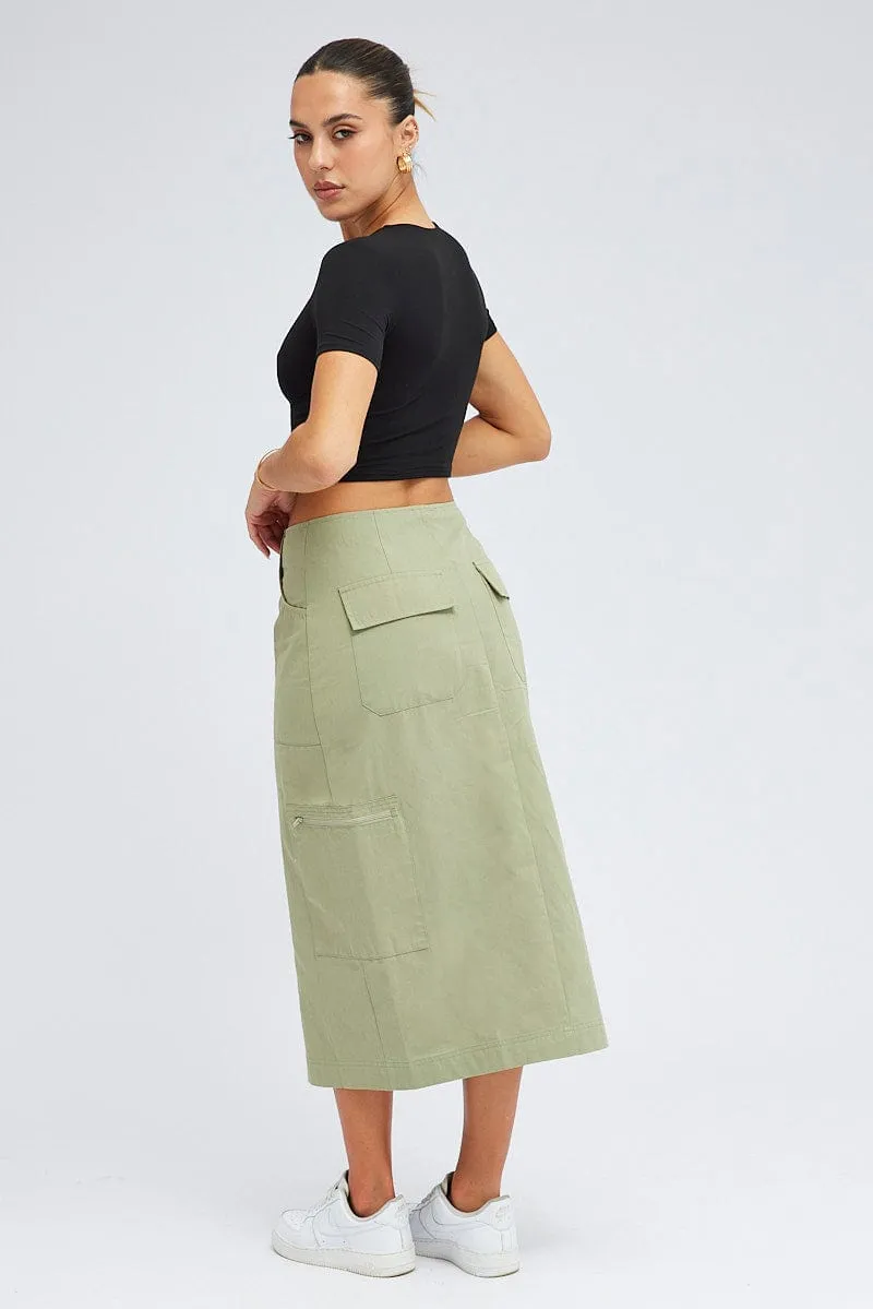 Green Cargo Skirt High Waist A-line Zip Detail Utility