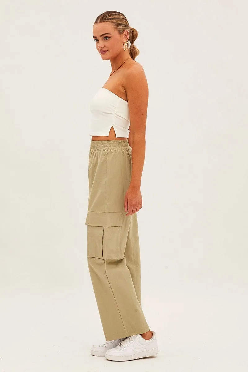Green Elastic Waist High Rise Wide Leg Cargo Pants