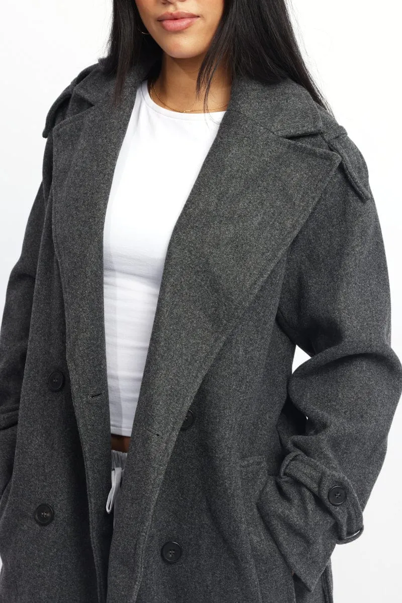 Grey Coat Long Sleeve Belted