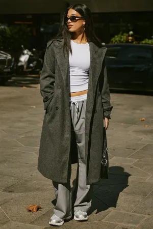 Grey Coat Long Sleeve Belted