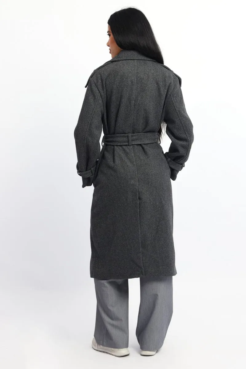 Grey Coat Long Sleeve Belted