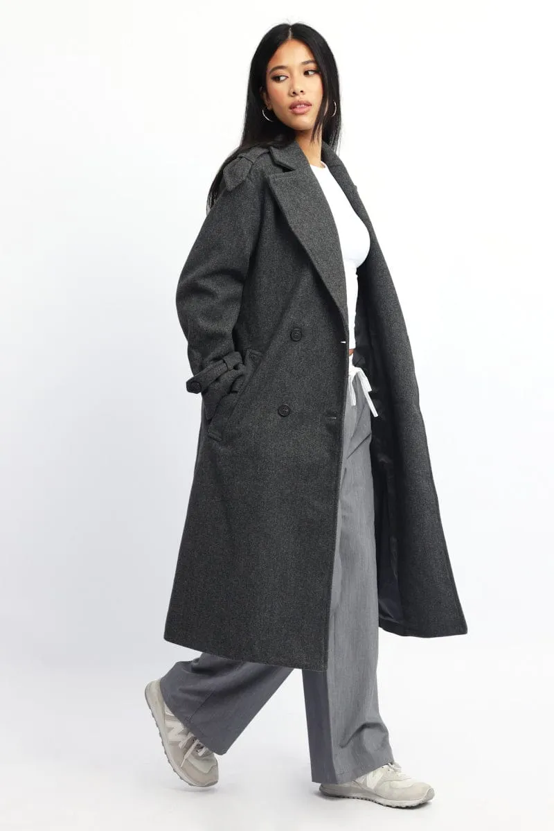 Grey Coat Long Sleeve Belted