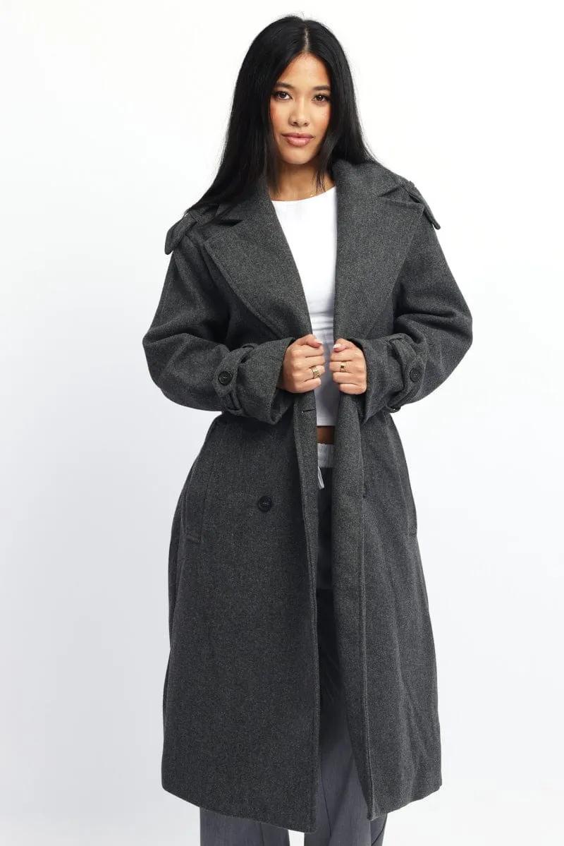 Grey Coat Long Sleeve Belted