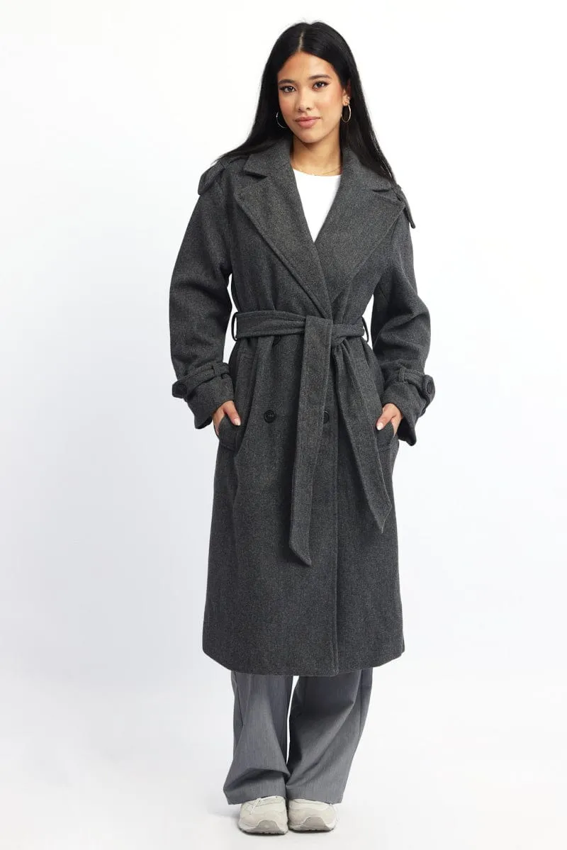 Grey Coat Long Sleeve Belted