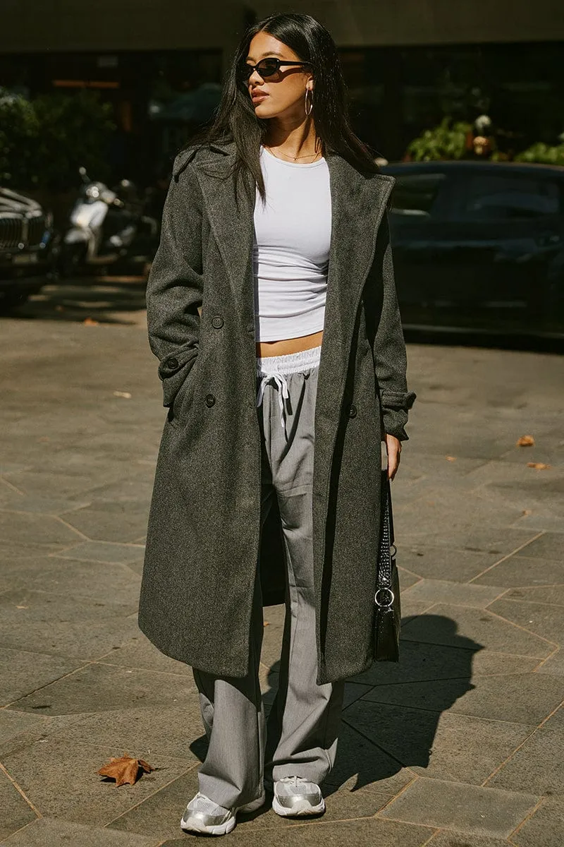 Grey Coat Long Sleeve Belted