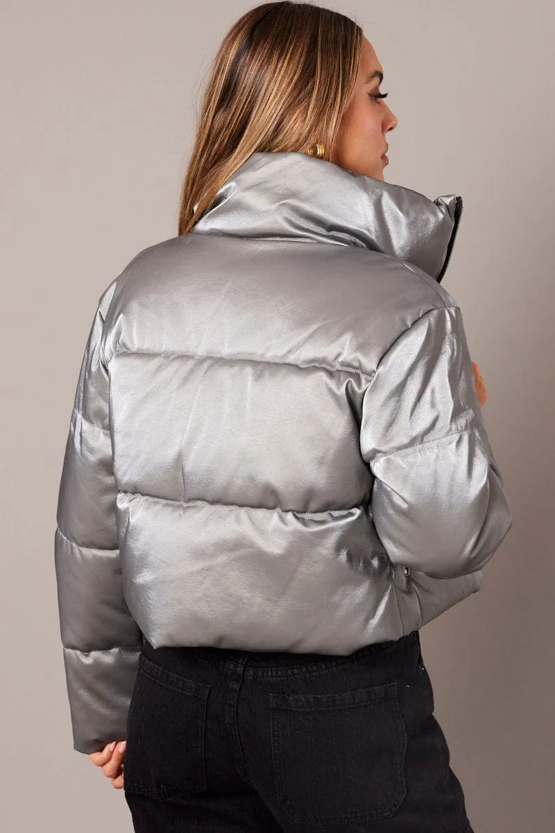 Grey Jacket Zip Thru Long Sleeves Silver
