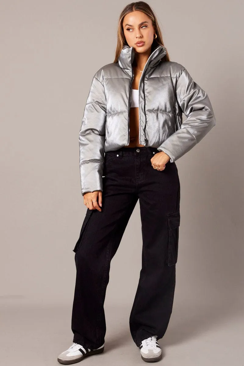 Grey Jacket Zip Thru Long Sleeves Silver