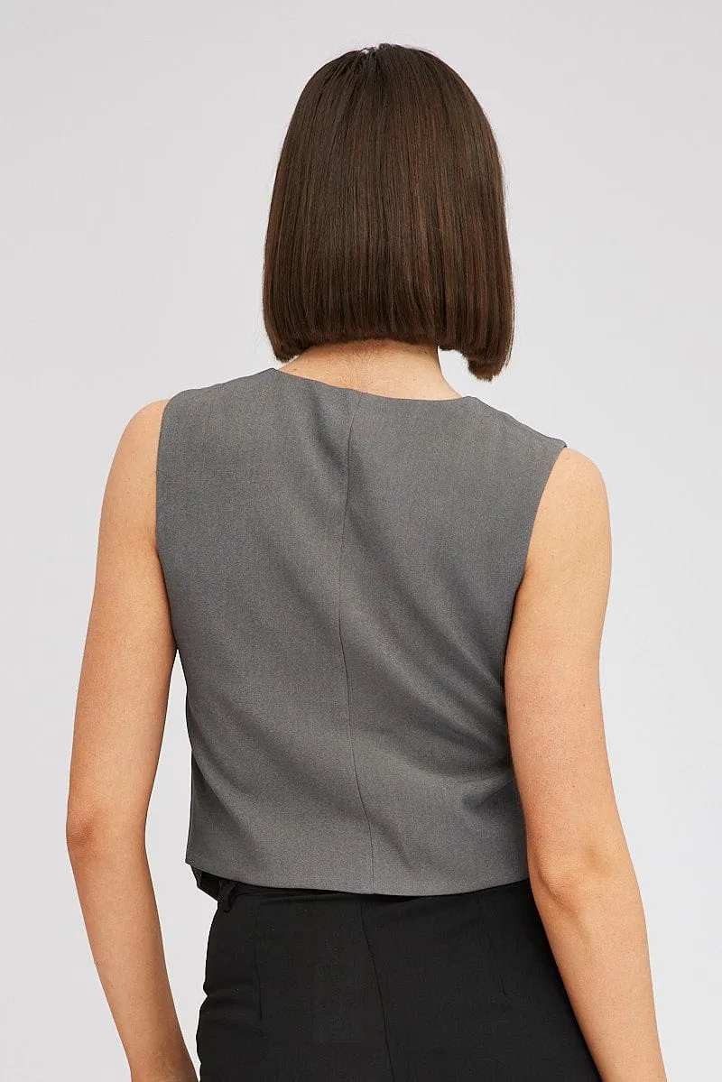 Grey Top Waistcost Sleeveless V Neck Button Up Relaxed