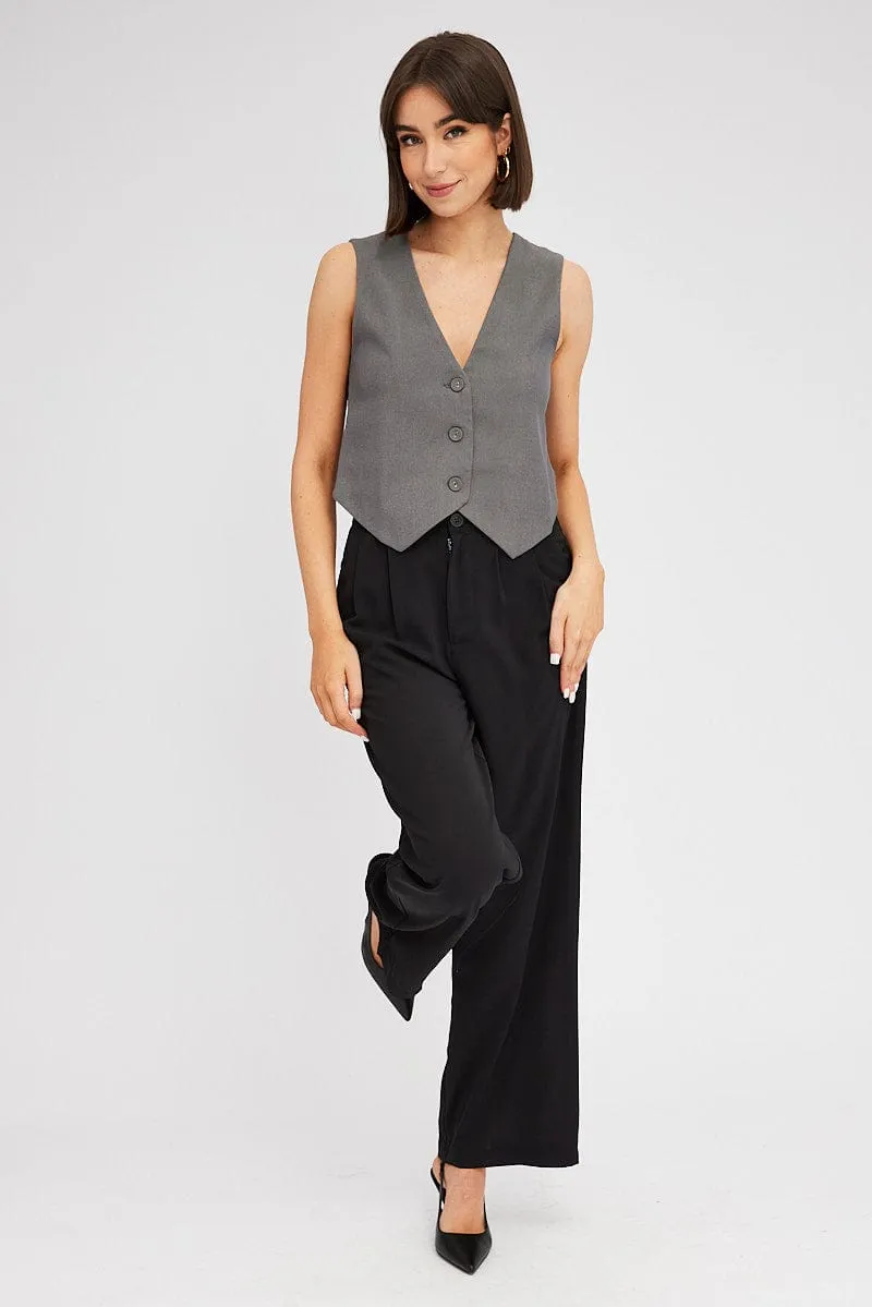 Grey Top Waistcost Sleeveless V Neck Button Up Relaxed