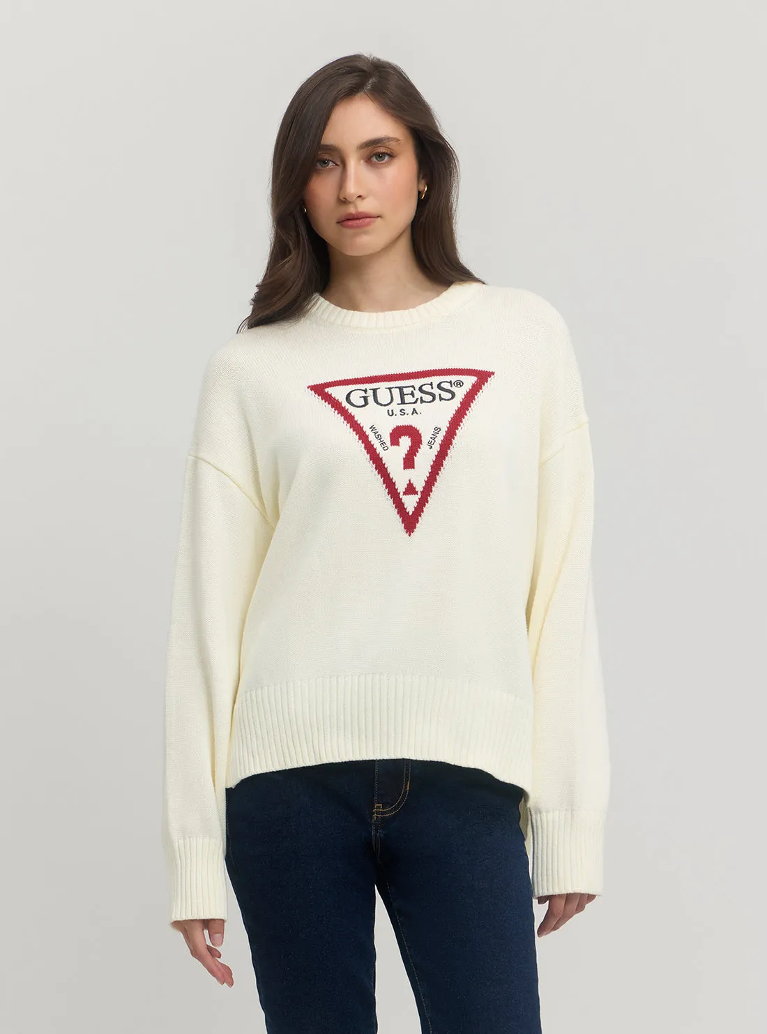 Guess Jeans Long Sleeve Crew Neck Big Triangle Sweater