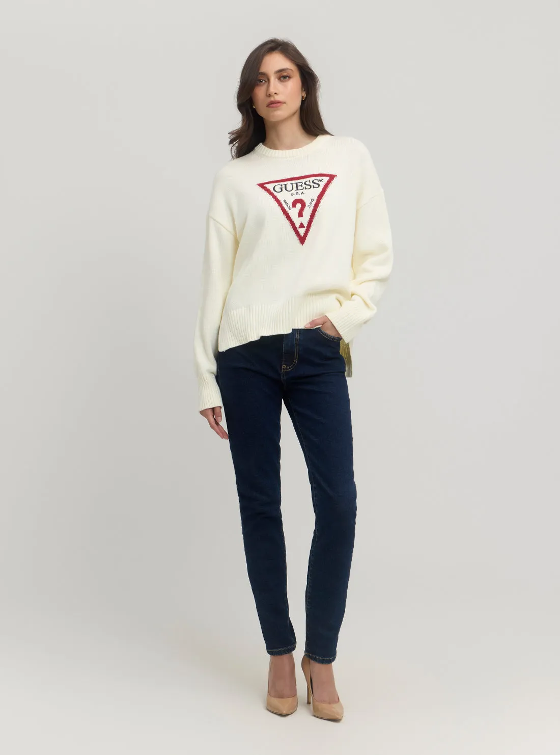 Guess Jeans Long Sleeve Crew Neck Big Triangle Sweater
