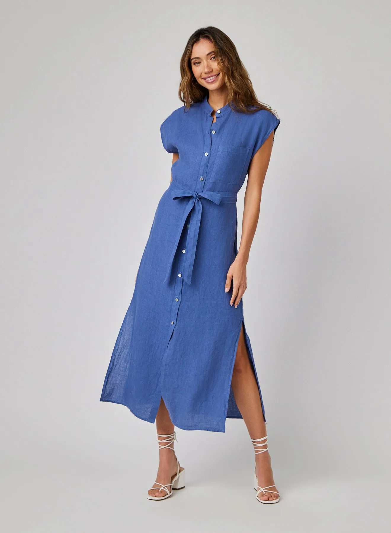 Linen Cap Sleeve Button Front Midi Dress - Antique Indigo