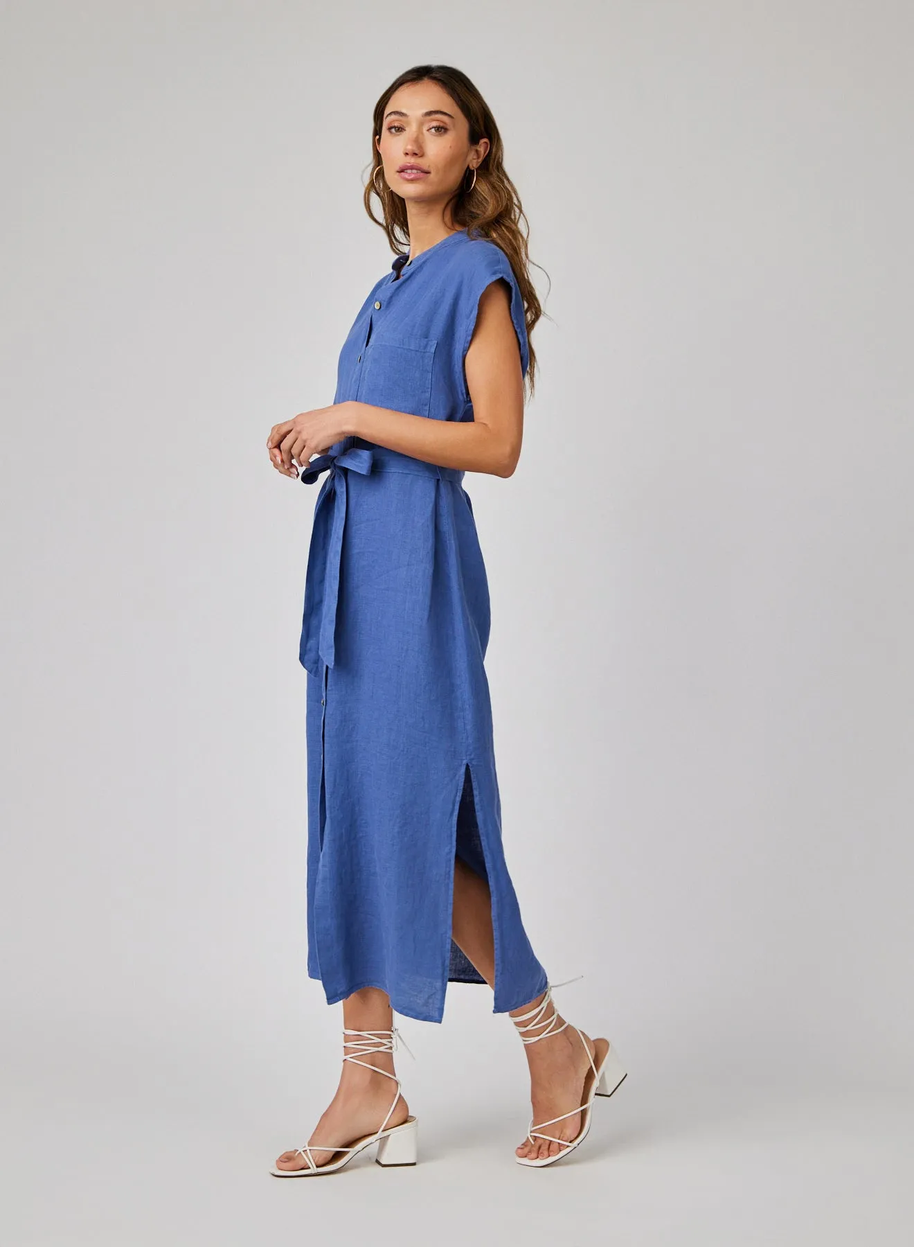 Linen Cap Sleeve Button Front Midi Dress - Antique Indigo