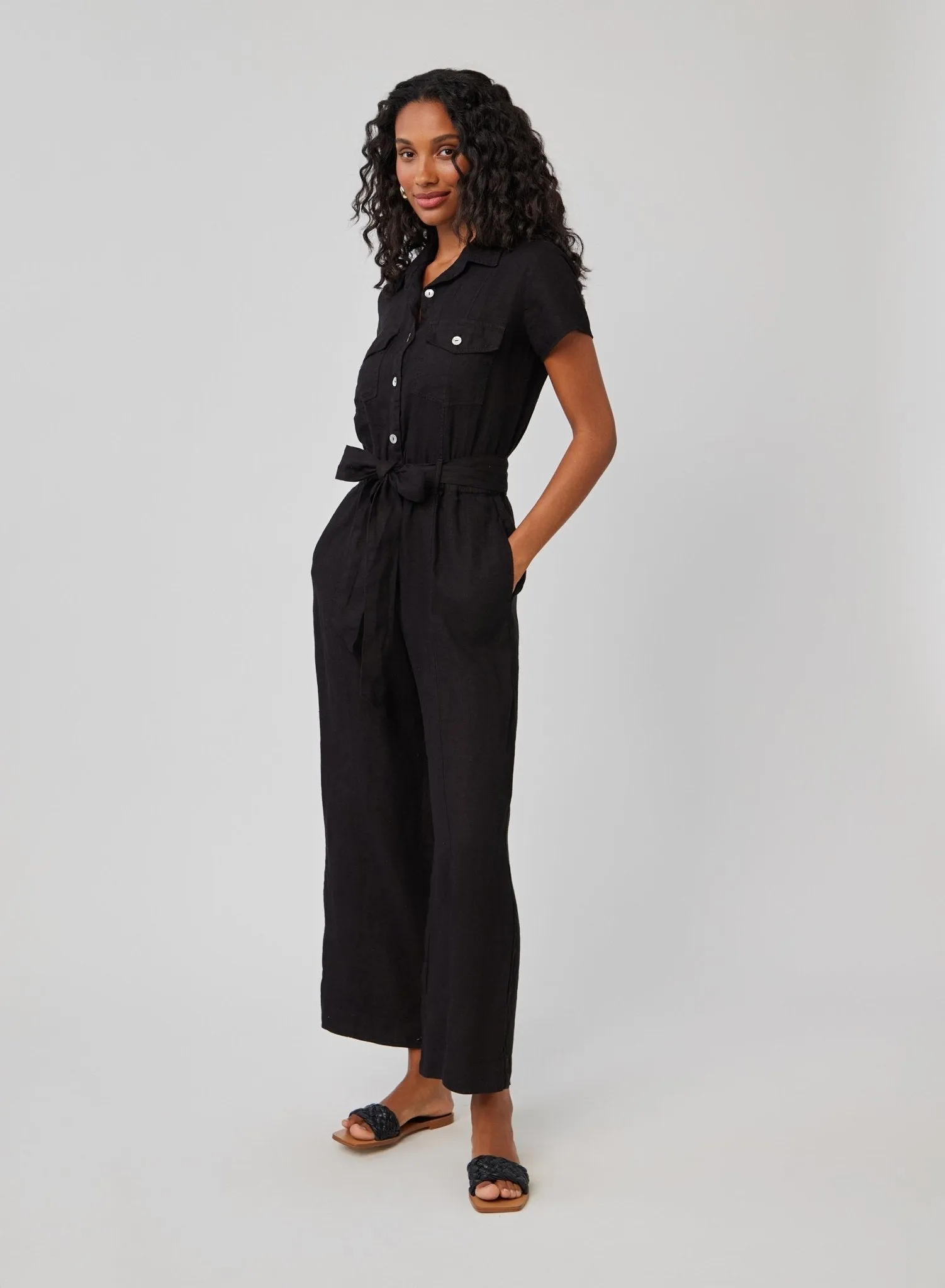 Linen Seamed Jumpsuit - Black