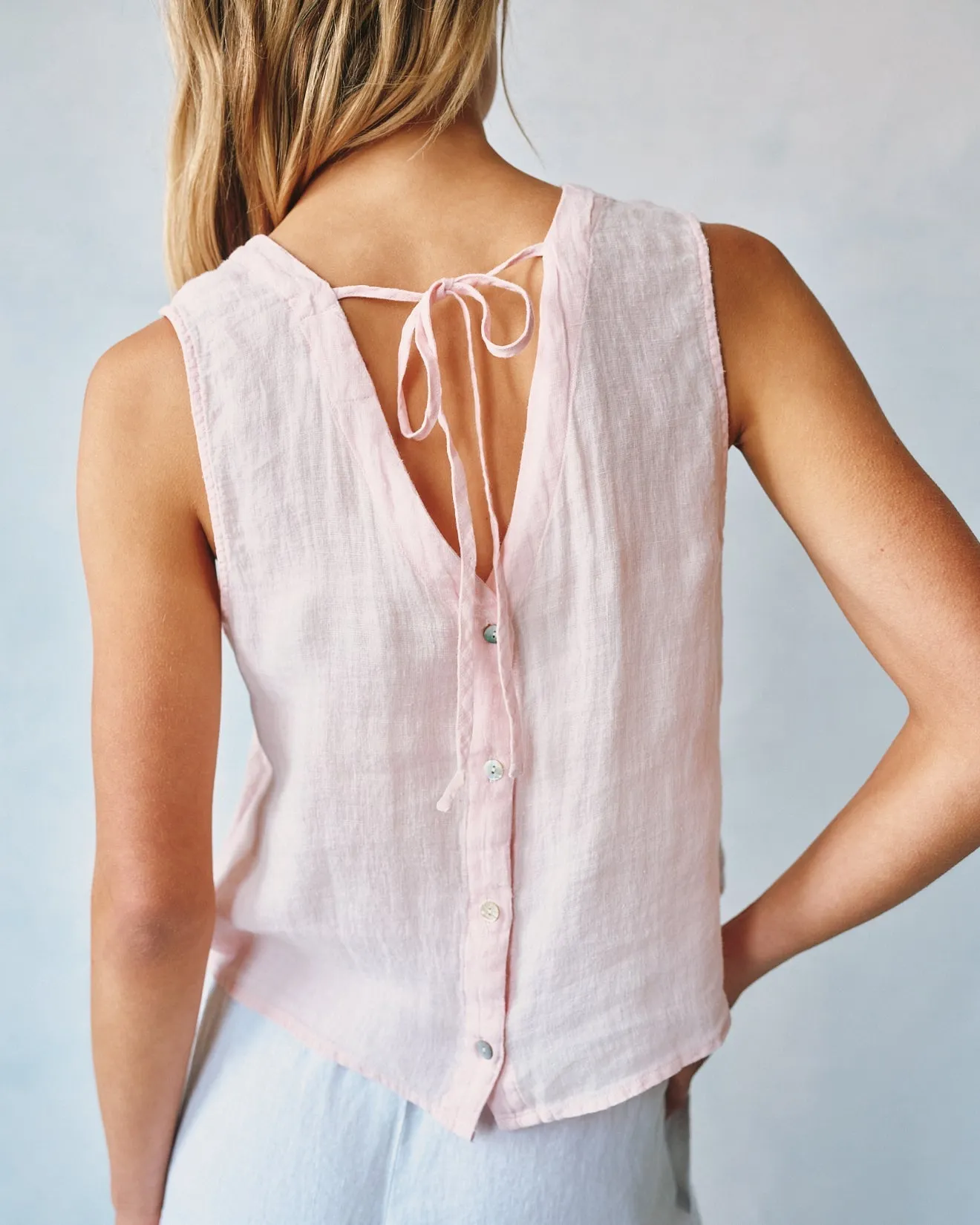 Linen Sleeveless Button Back Top - Pastel Pink