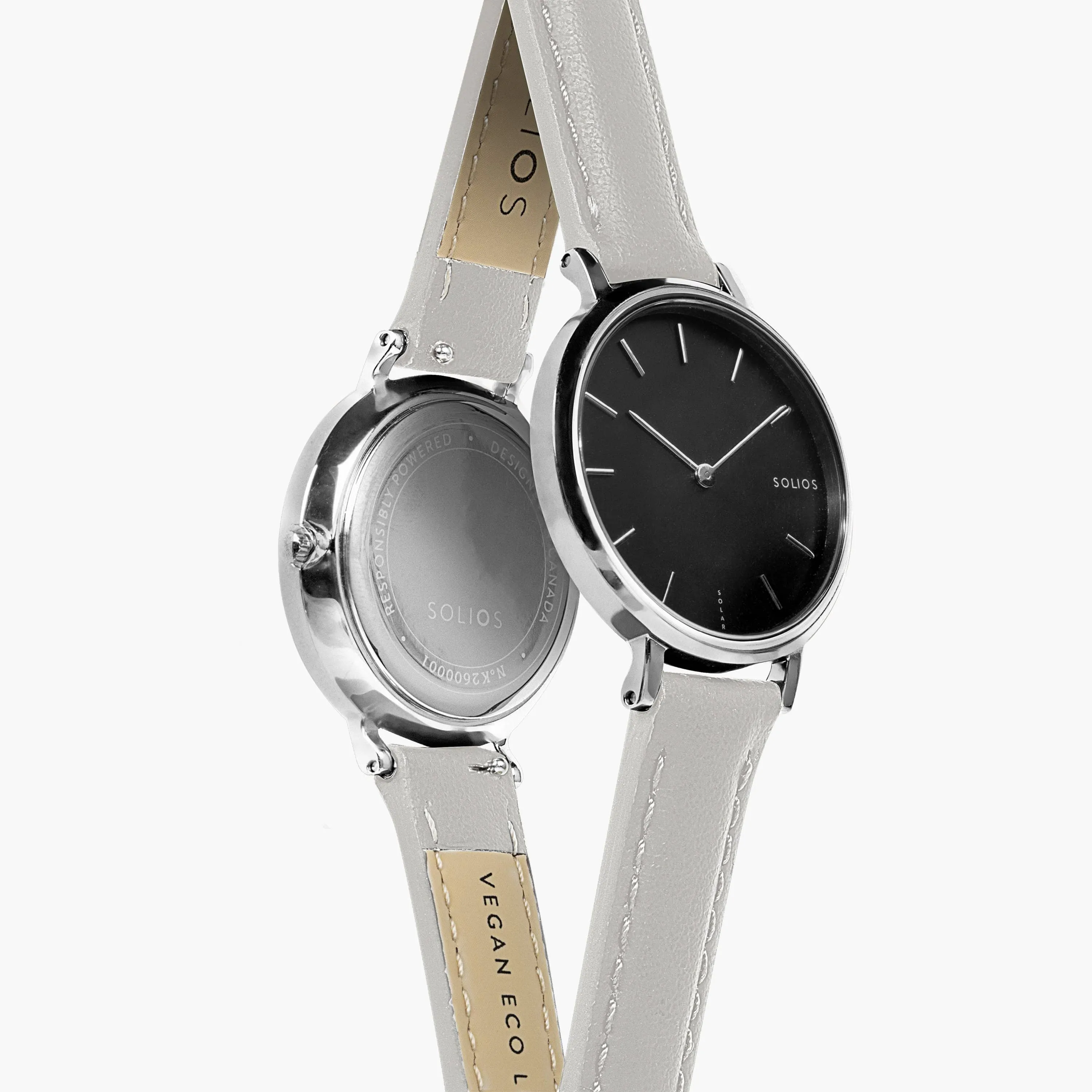 Mini Solar Watch with Black & Silver Dial  | Grey Vegan Leather Strap
