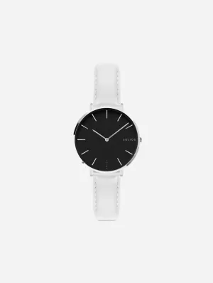 Mini Solar Watch with Black & Silver Dial  | White Vegan Leather Strap