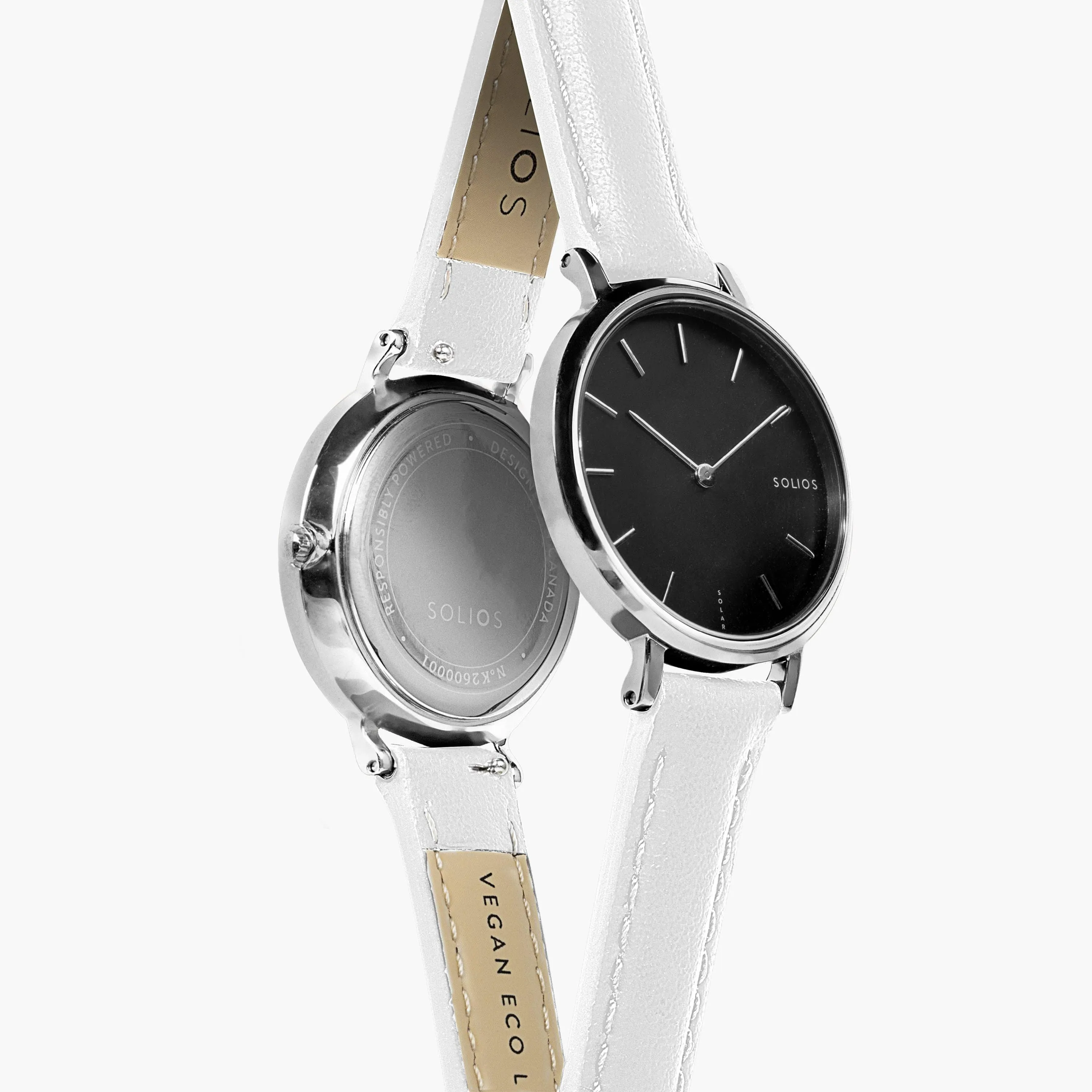 Mini Solar Watch with Black & Silver Dial  | White Vegan Leather Strap