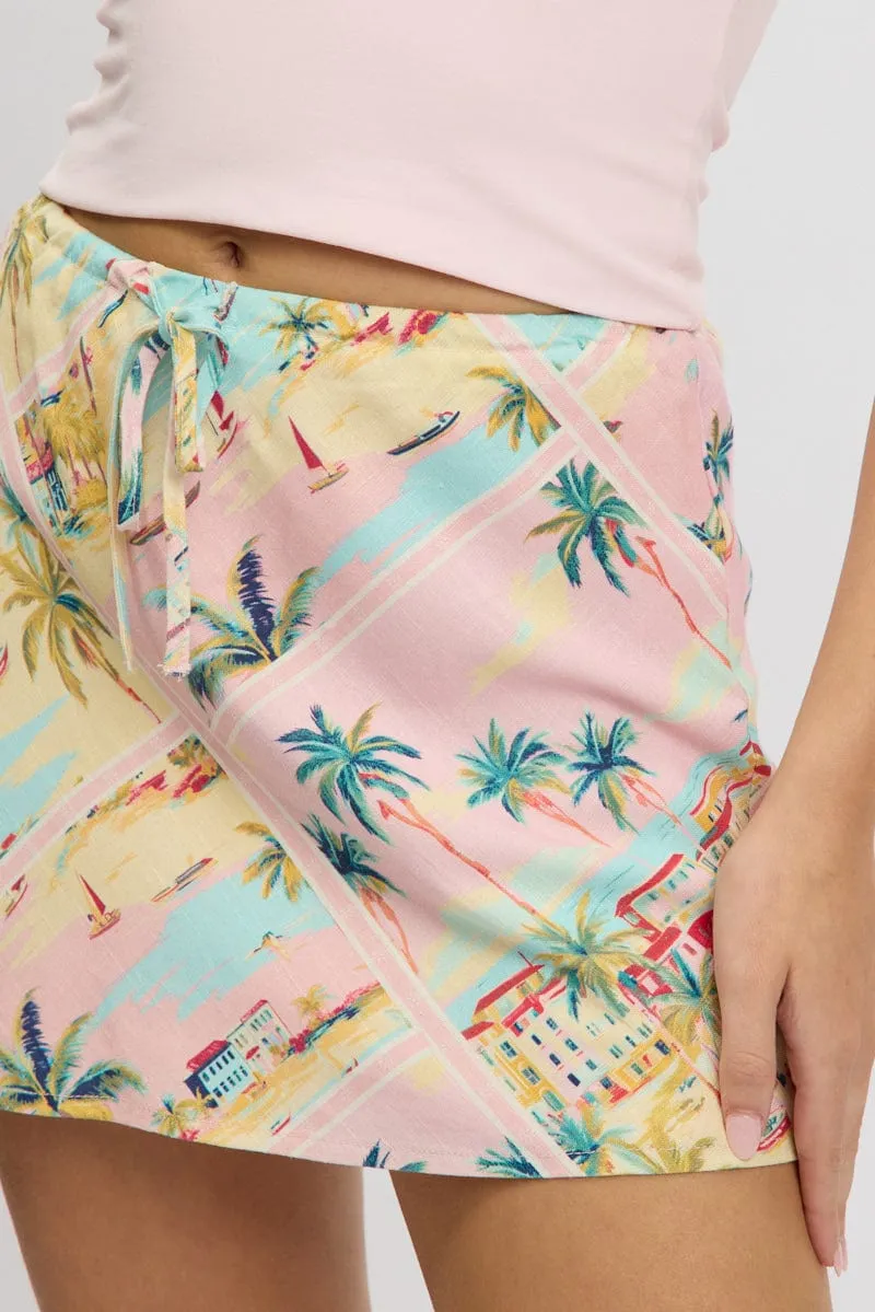 Multi Abstract Mini Skirt Mid Rise Elastic Waist Lined Bias Cut