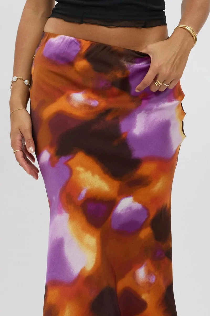 Multi Abstract Slip Skirt High Rise Elastic Waist Maxi
