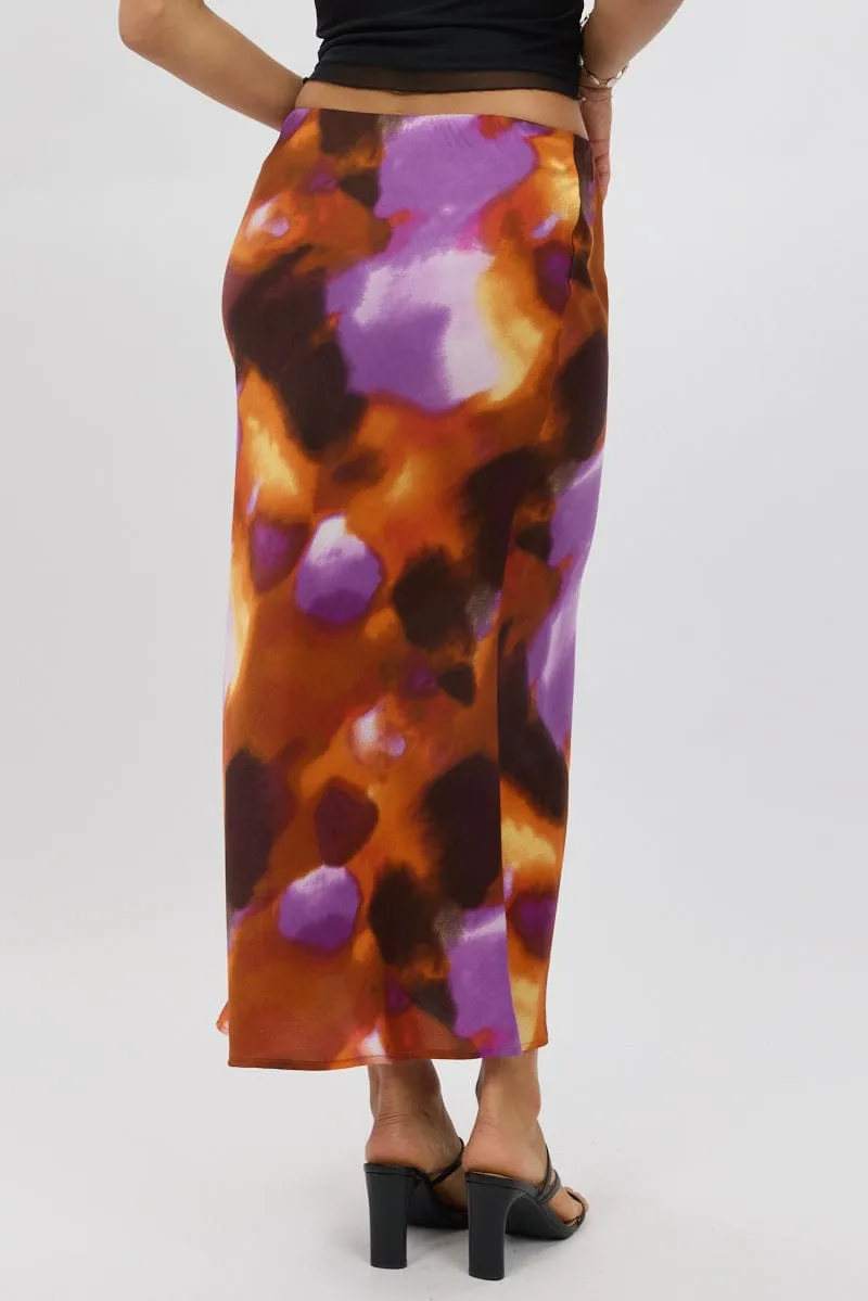 Multi Abstract Slip Skirt High Rise Elastic Waist Maxi