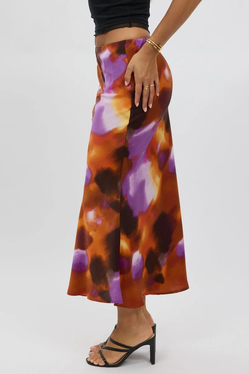 Multi Abstract Slip Skirt High Rise Elastic Waist Maxi