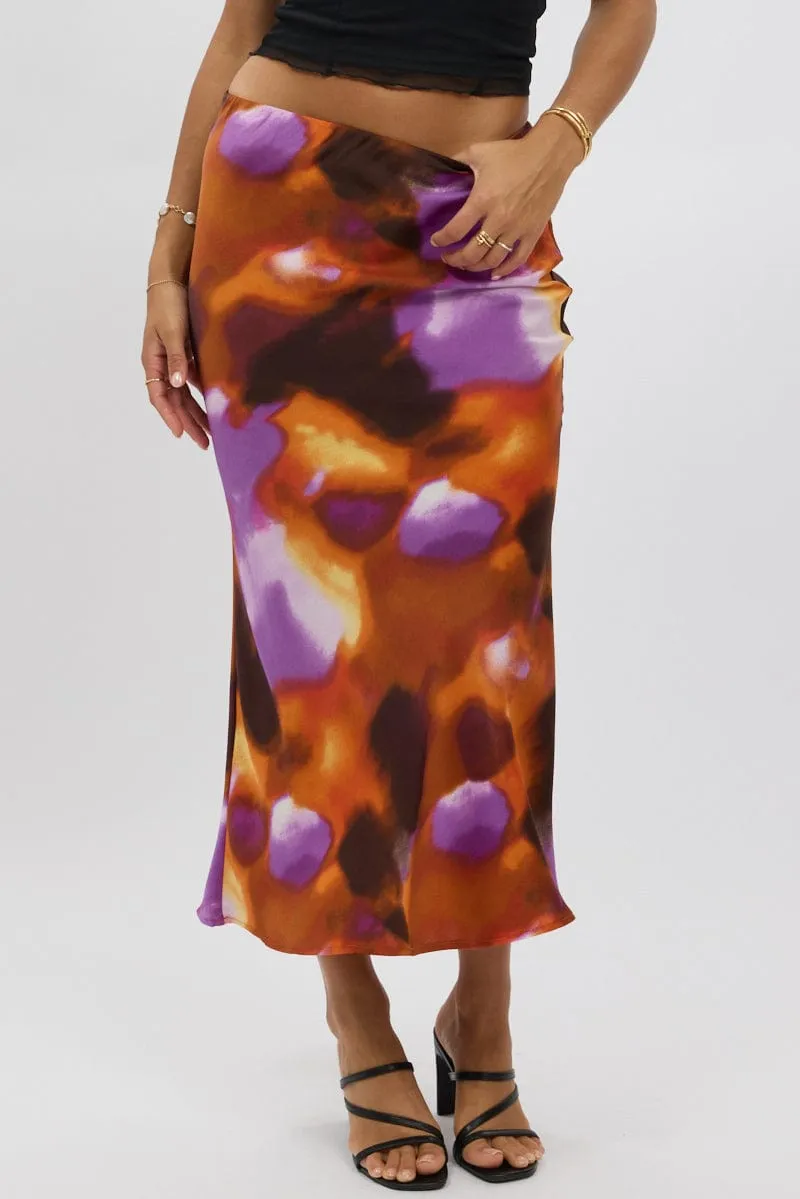 Multi Abstract Slip Skirt High Rise Elastic Waist Maxi