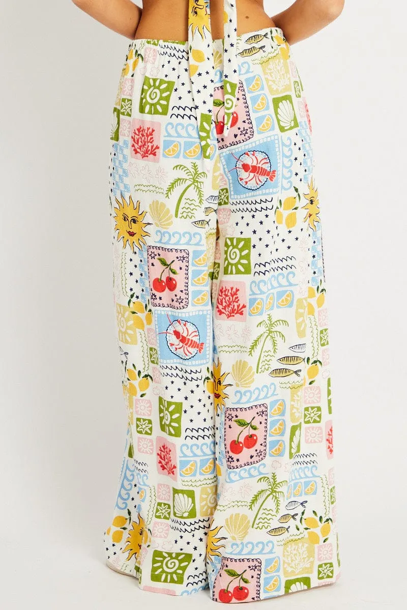 Multi Abstract Wide Leg Pants High Rise