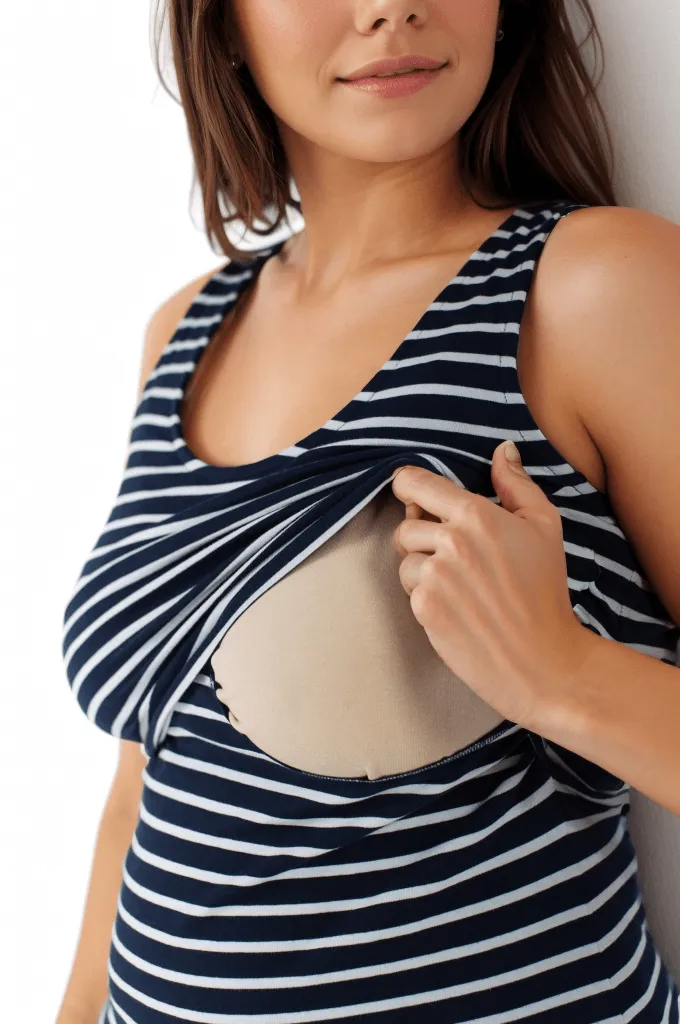 Nursing Laced Cotton Vest | Navy/White Stripe