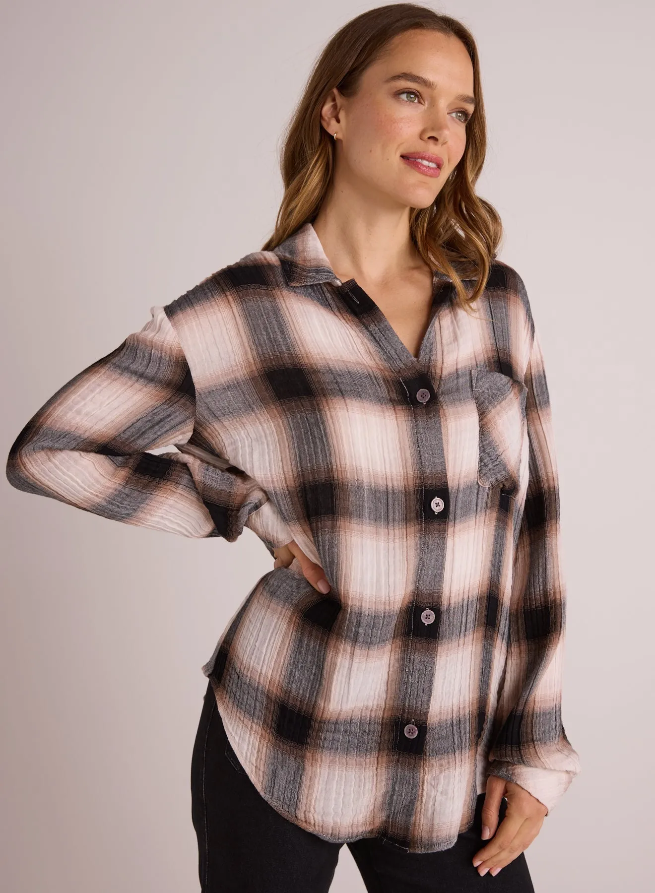 Oversized Shirt with Pocket - Winter Taupe Plaid