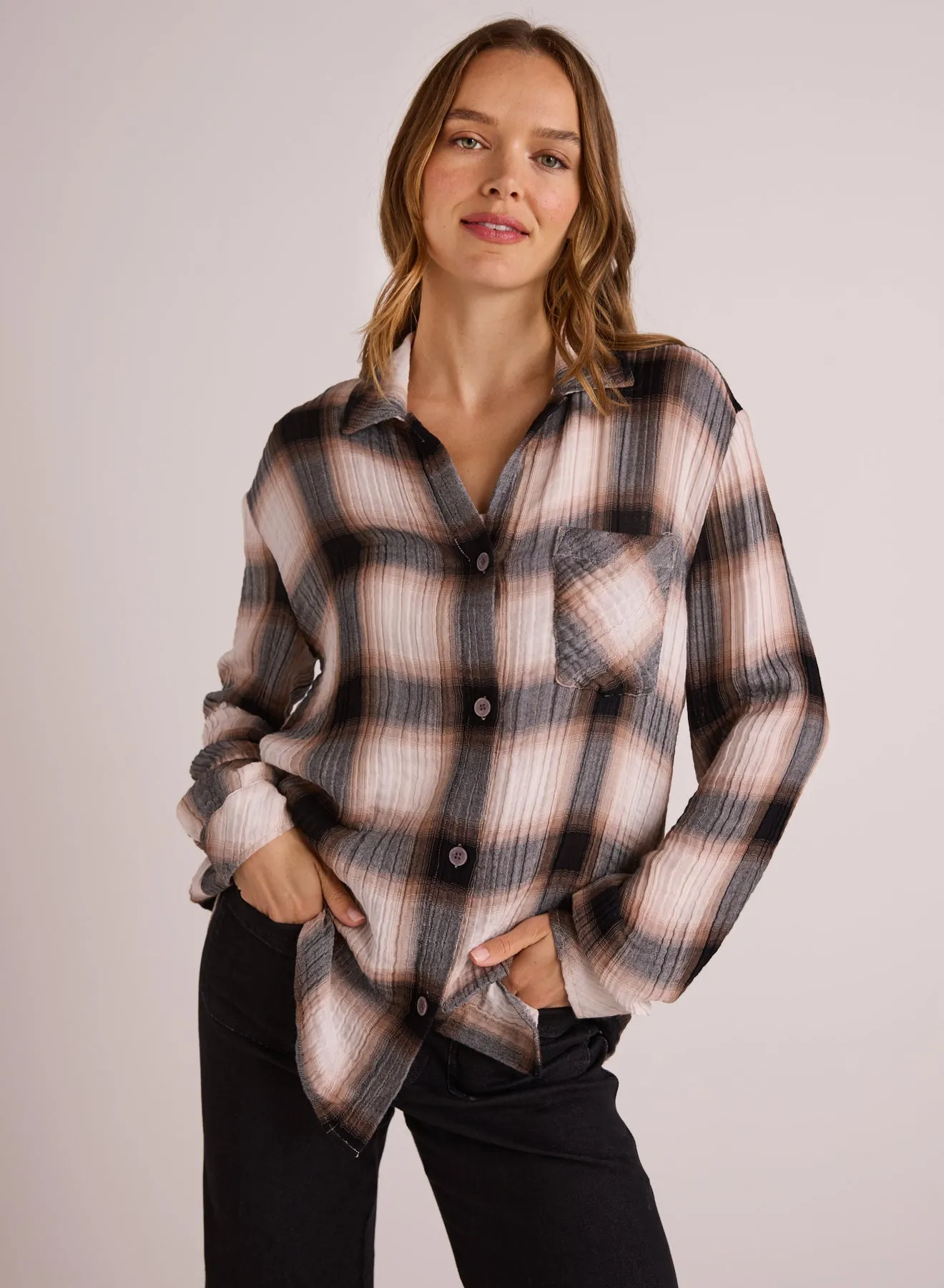 Oversized Shirt with Pocket - Winter Taupe Plaid