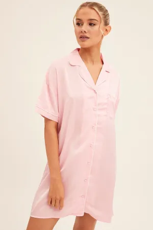 Pink Nightgown Short Sleeve Collared Mini Satin