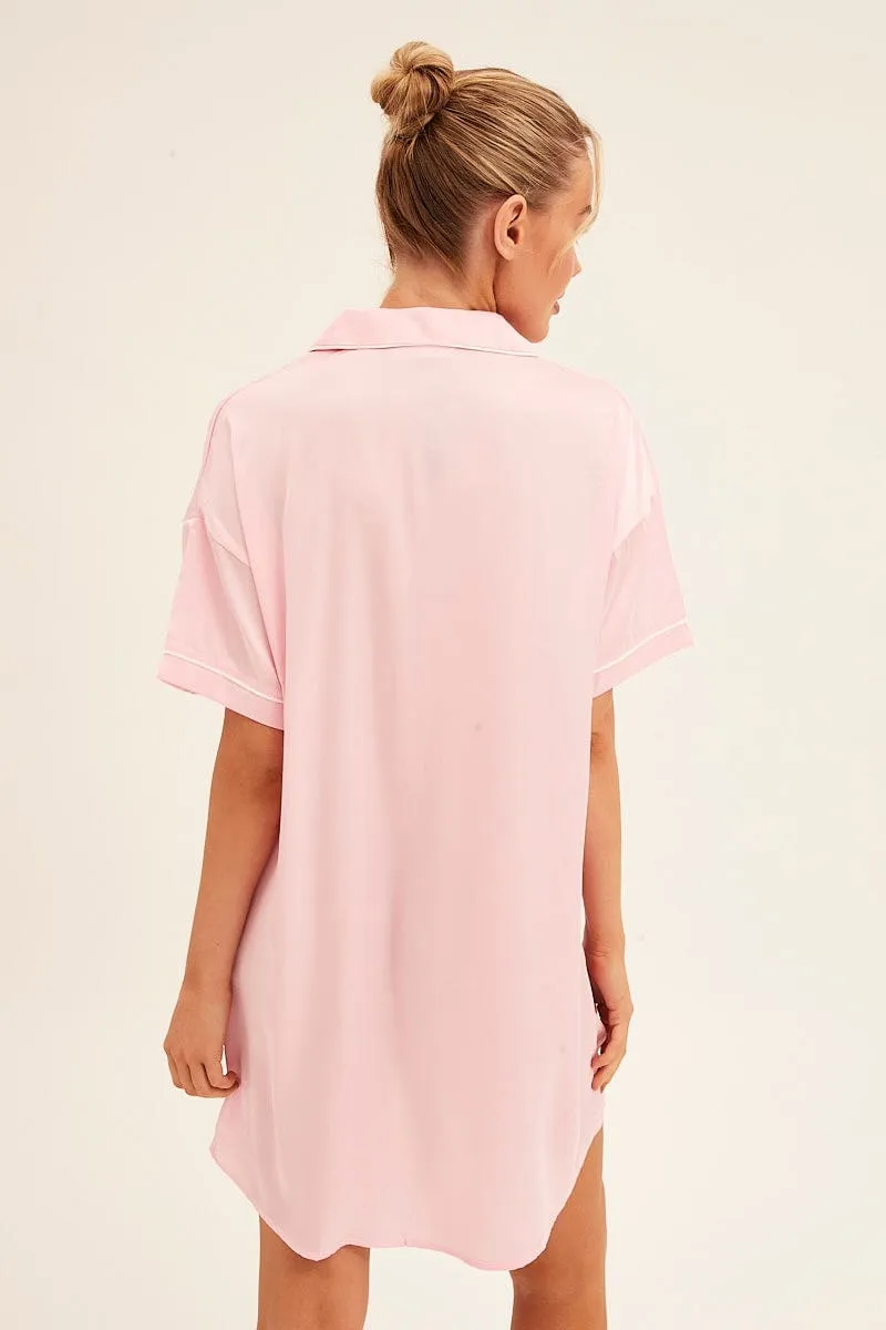 Pink Nightgown Short Sleeve Collared Mini Satin
