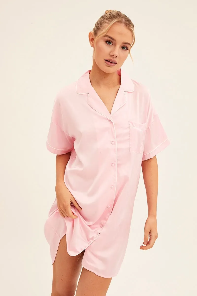 Pink Nightgown Short Sleeve Collared Mini Satin