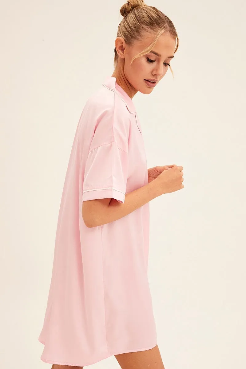 Pink Nightgown Short Sleeve Collared Mini Satin