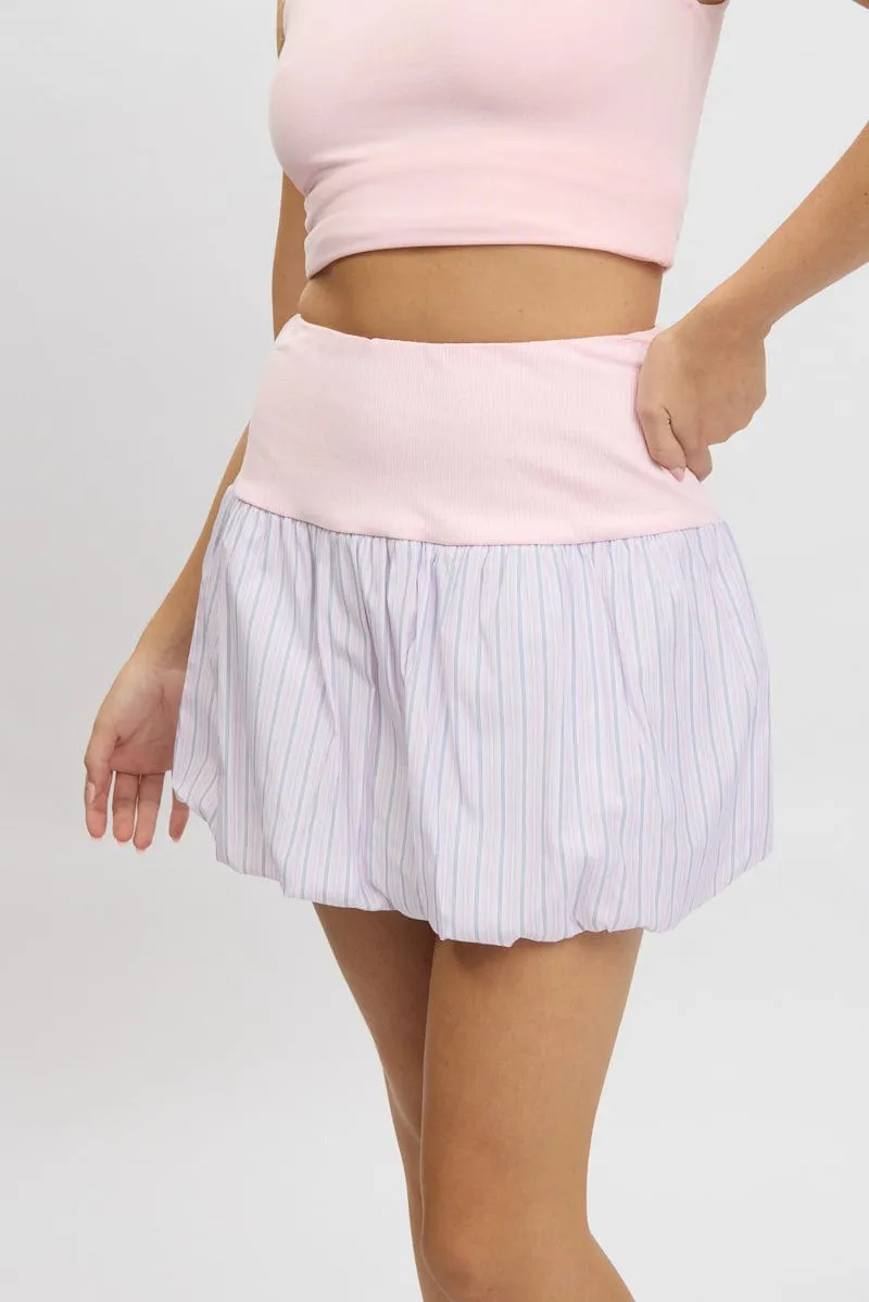 Pink Stripe Bubble Skirt High Rise Rib Waist Mini Balloon