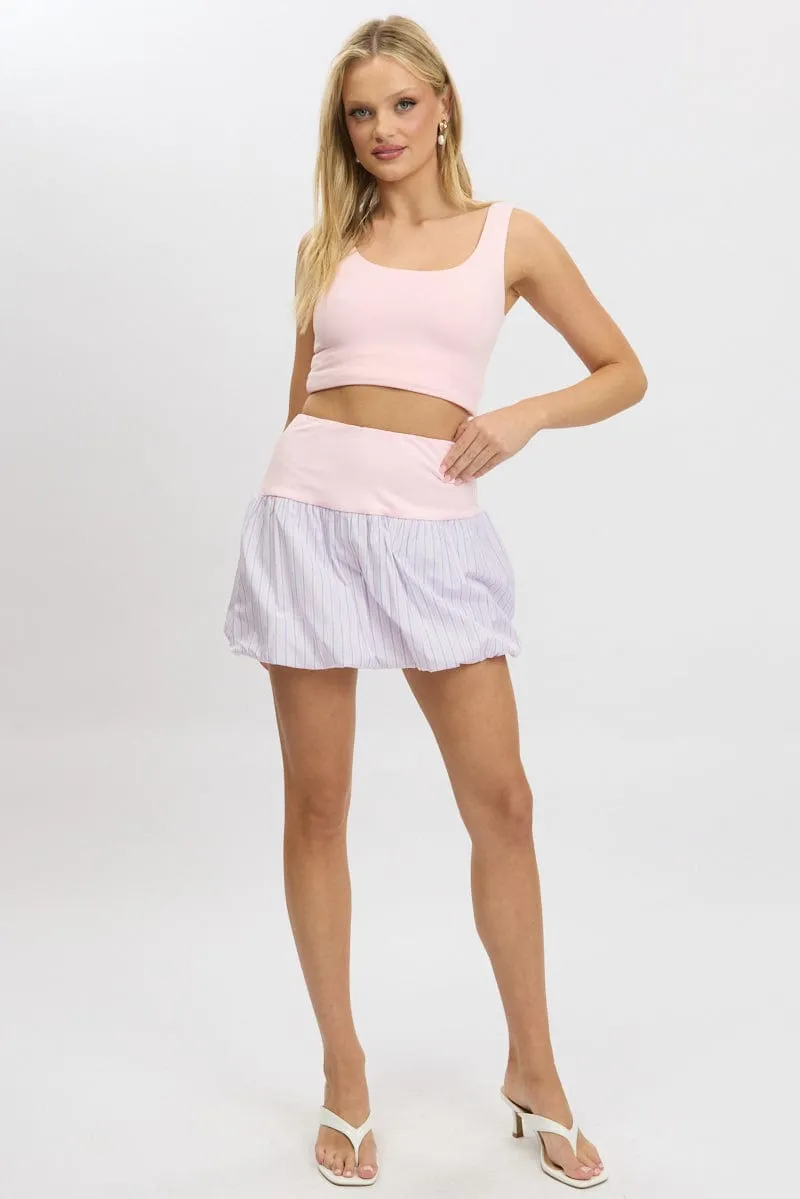 Pink Stripe Bubble Skirt High Rise Rib Waist Mini Balloon