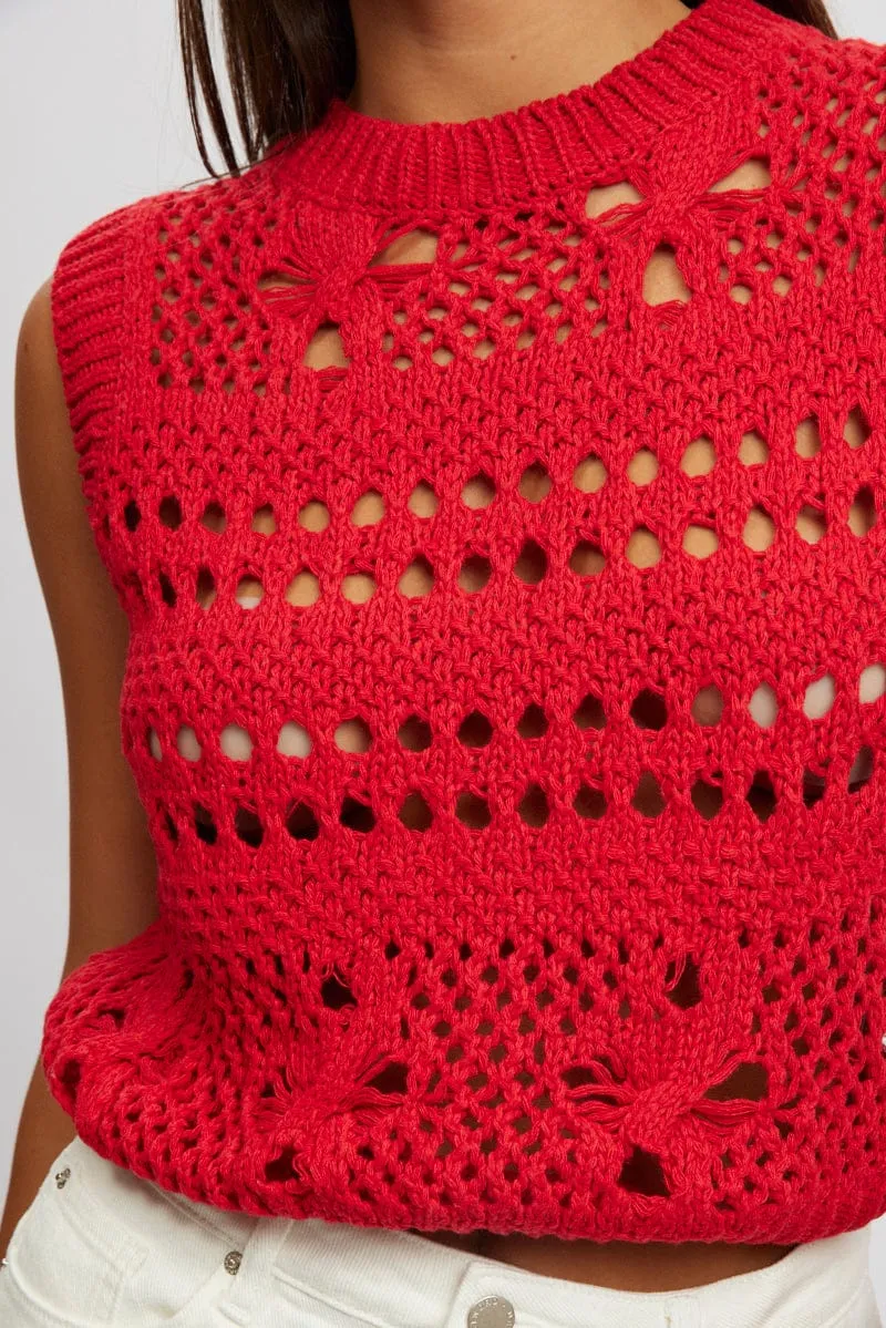 Red Crochet Knit Tank Top