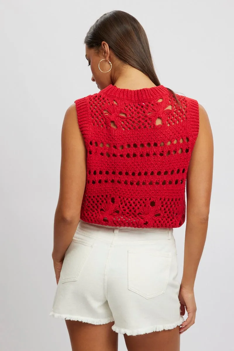 Red Crochet Knit Tank Top