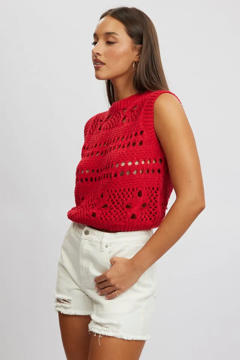 Red Crochet Knit Tank Top