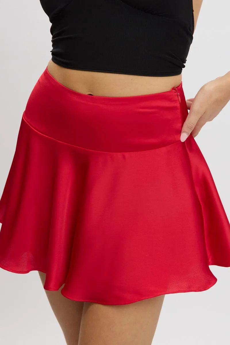 Red Satin Skirt High Rise Mini Flowy Skater