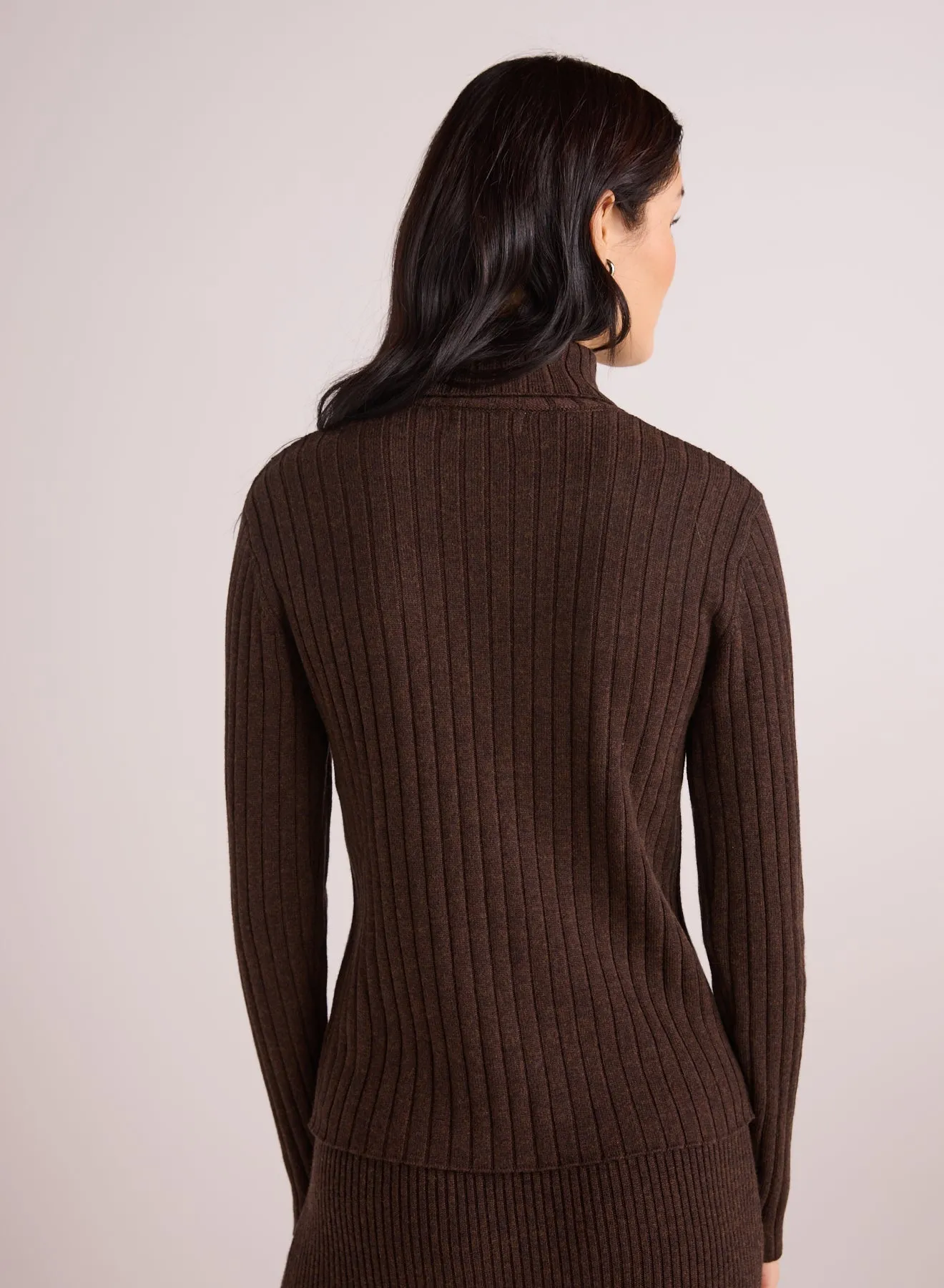 Ribbed Knit Turtleneck Sweater  - Heather Brown