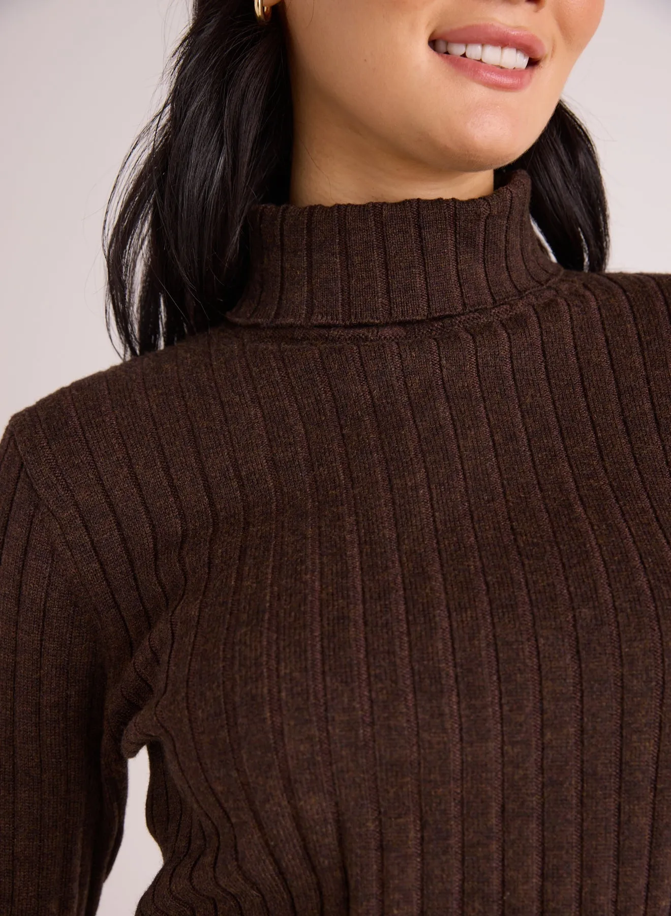 Ribbed Knit Turtleneck Sweater  - Heather Brown