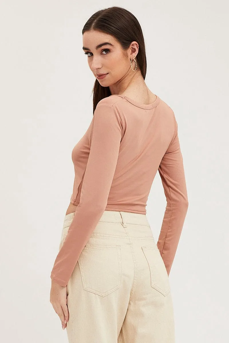Taupe Crop Top Smooth Long Sleeve Scoop Neck