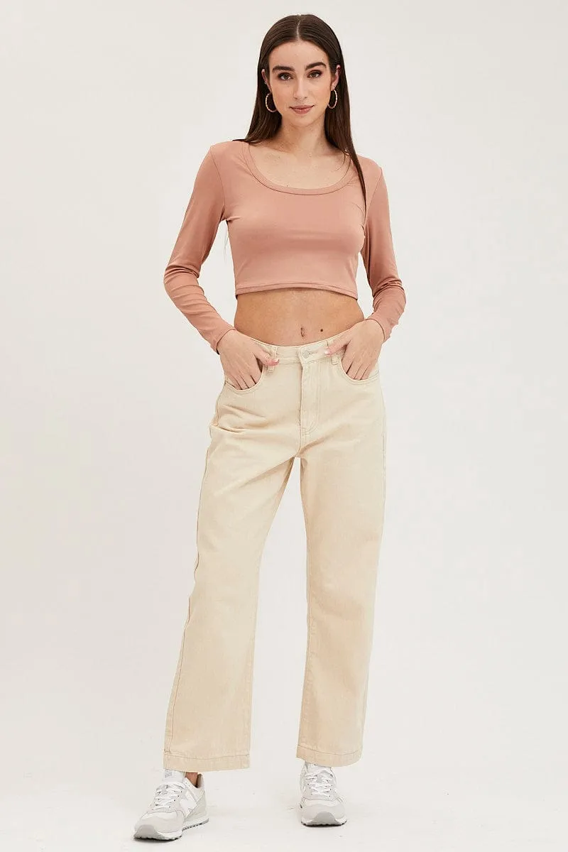 Taupe Crop Top Smooth Long Sleeve Scoop Neck