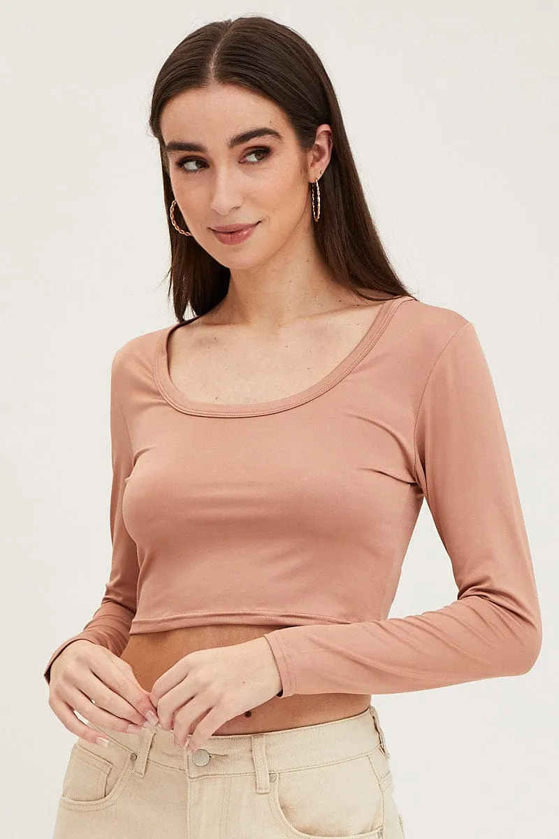 Taupe Crop Top Smooth Long Sleeve Scoop Neck