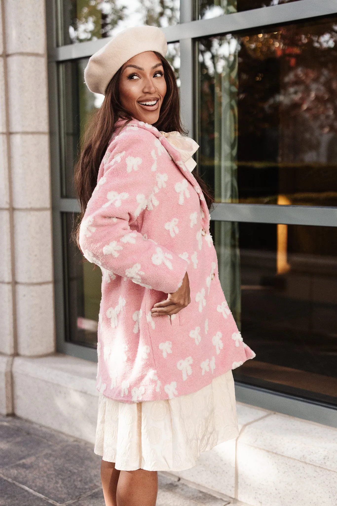 Teddy Coat in Pink Bow Print - FINAL SALE